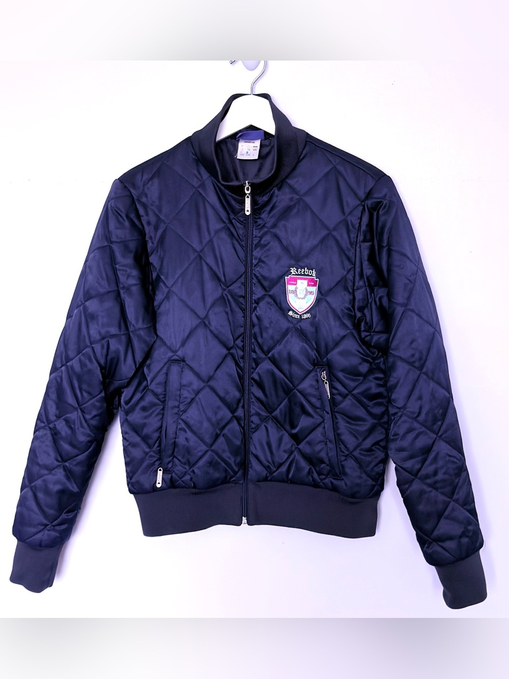 Vintage Reebok Women’s Quilted Navy Bomber Jacket Full Zip Pockets Sz L